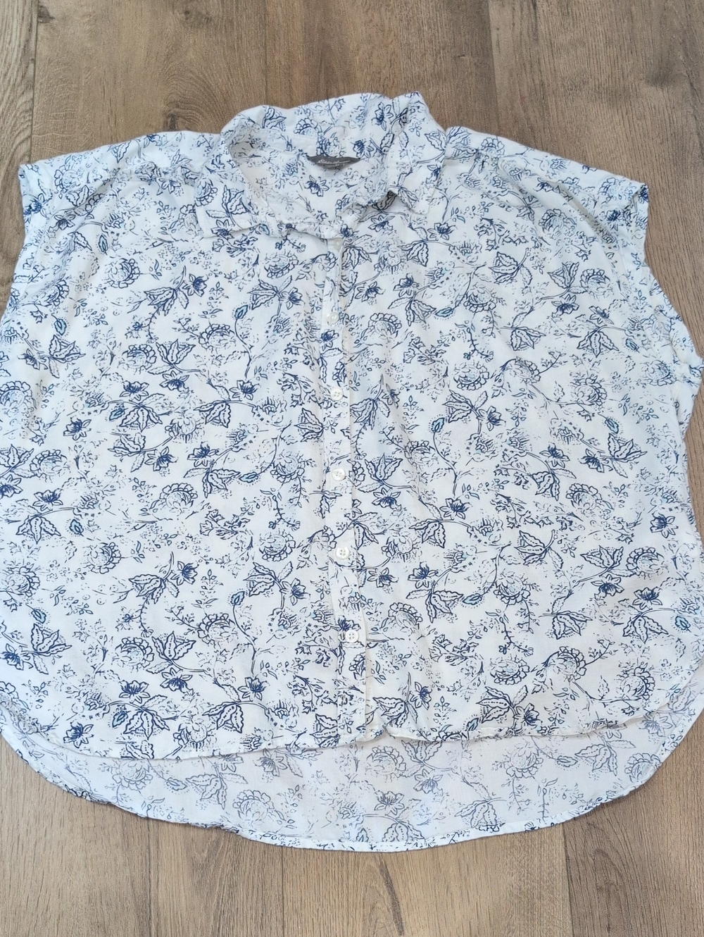 Eddie Bauer White Button-Down Sleeveless Shirt with Blue Floral Print